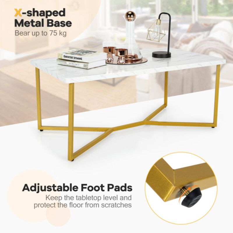 Hivvago White Faux Marble Coffee Table with Gold Finished Metal Frame