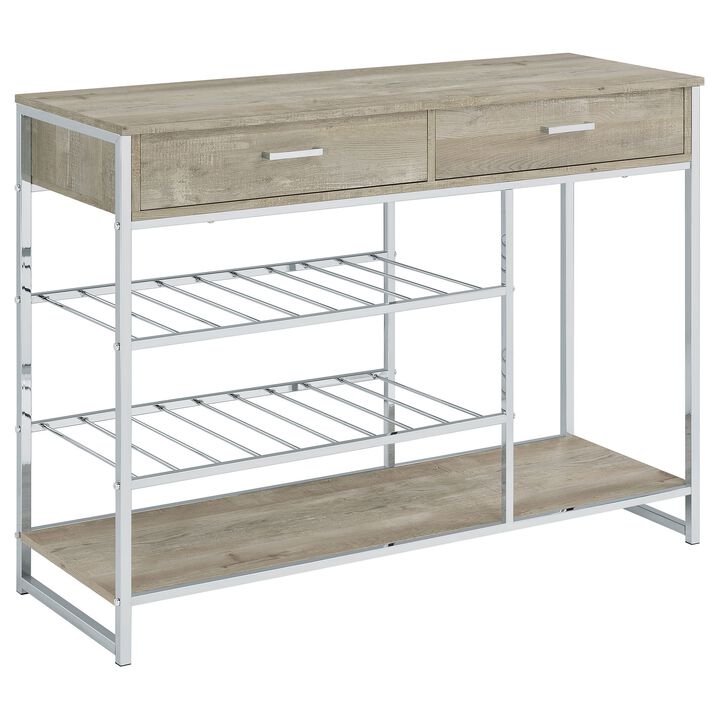Mel 48 Inch Wine Rack Bar Sideboard, 2 Drawers, Shelves, Gray, Chrome Metal - Benzara