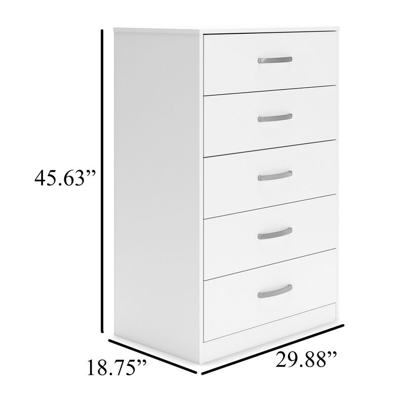 Eriss Tall Dresser Chest, 5 Drawers, White Wood, Silver Metal, 46 Inch - Benzara