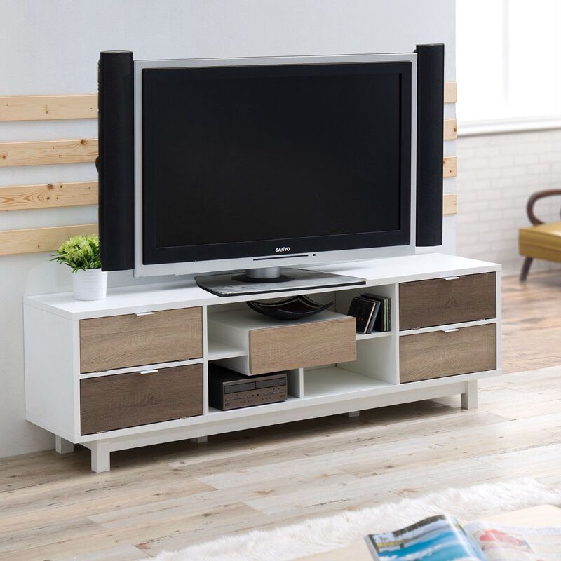 Hivvago Modern 70 inch White TV Stand Entertainment Center with Natural Wood Accents