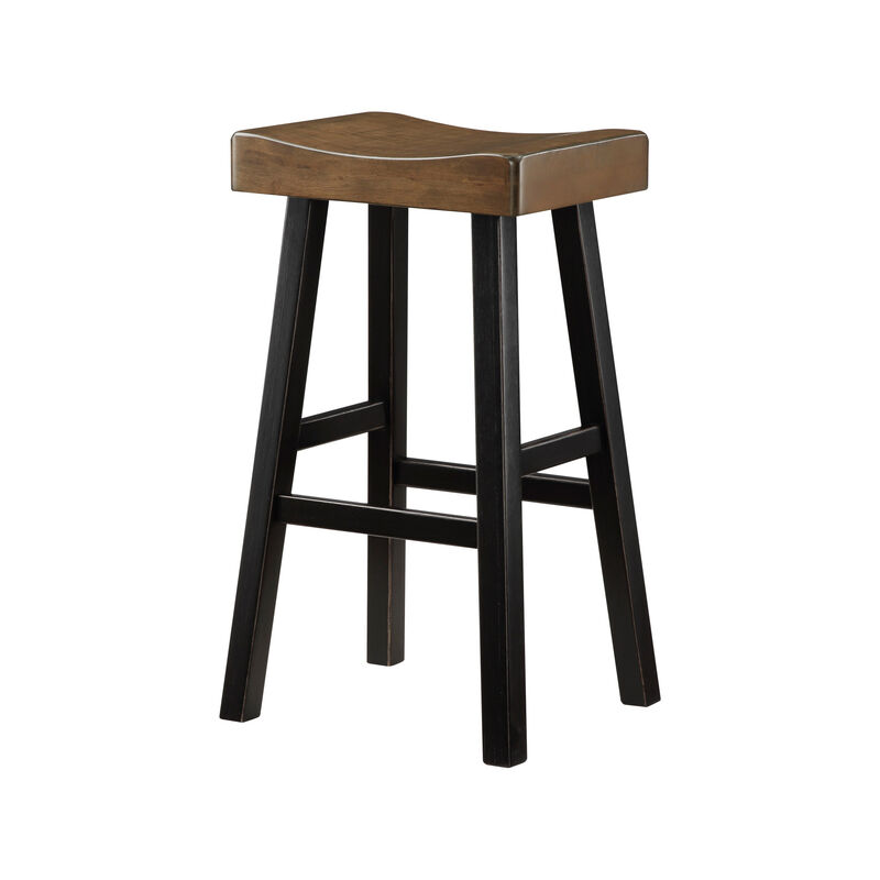 Casy 30 Inch Bar Height Stool, Brown Saddle Seat, Black Rubberwood, Set of 2 - Benzara