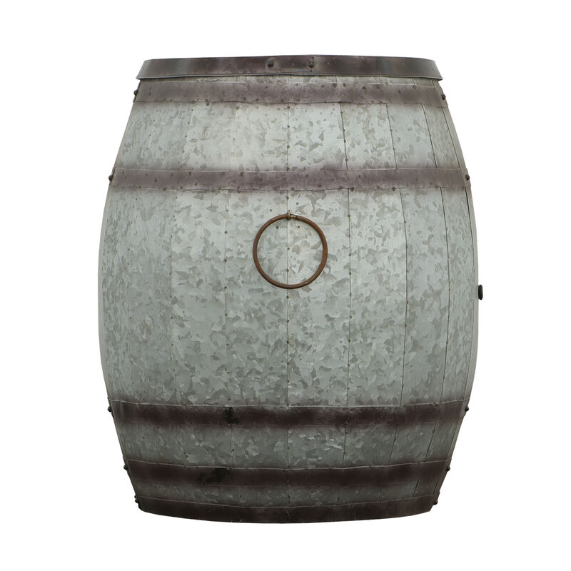 Drum Shape Metal Wine Storage Table with Removable Lid, Rustic Brown and Gray-Benzara