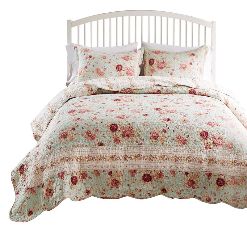 Rosle 3pc Full/Queen Size Bedspread Set, 2 Shams, Rose Print, Blue Cotton