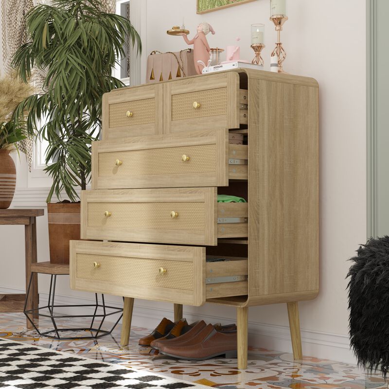FUFU&GAGA 5-Drawer Dresser, Modern Wood Chest with Rattan Fronts, Gold Handles & Sturdy Wooden Legs, Spacious Storage Cabinet for Bedroom (31.5" W x 39.8" H x 13.9" D), Natural Wood