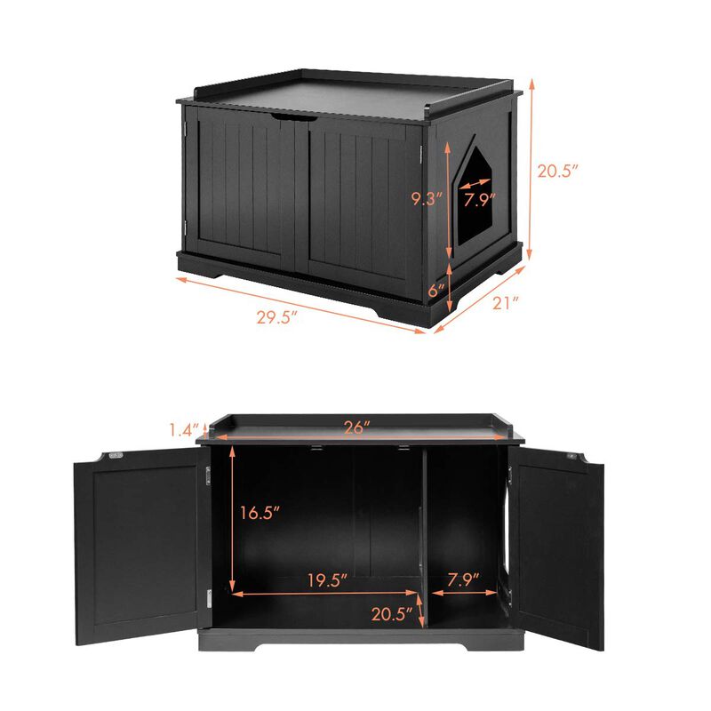 Cat Litter Box Enclosure with Double Doors for Large Cat and Kitty-Black