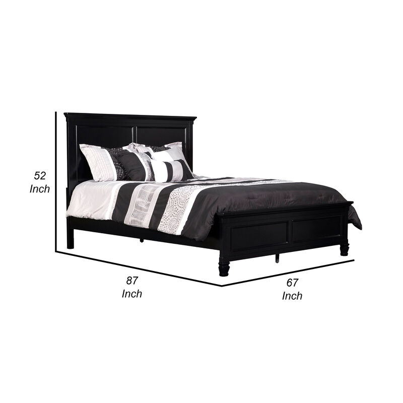 Umi Queen Size Bed, Classic Panel Design with Molded Details, Black Wood - Benzara