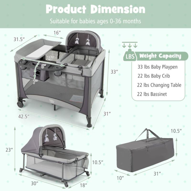 Hivvago 5-in-1 Portable Baby Playard with Cradle and Storage Basket