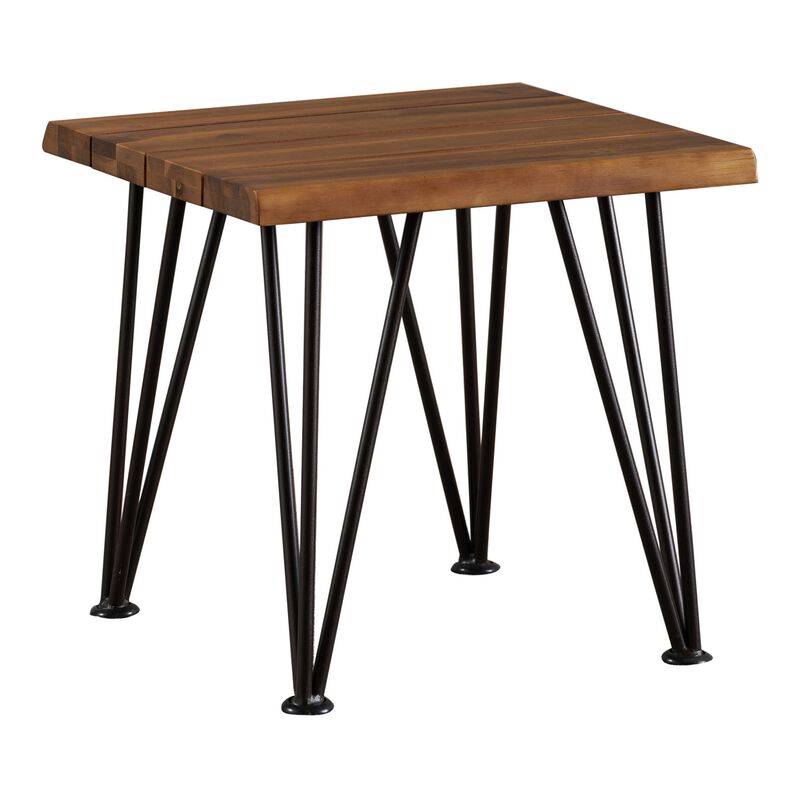 Zion Outdoor Accent Table, 18 Inch Square, Hairpin Legs, Brown Wood - Benzara