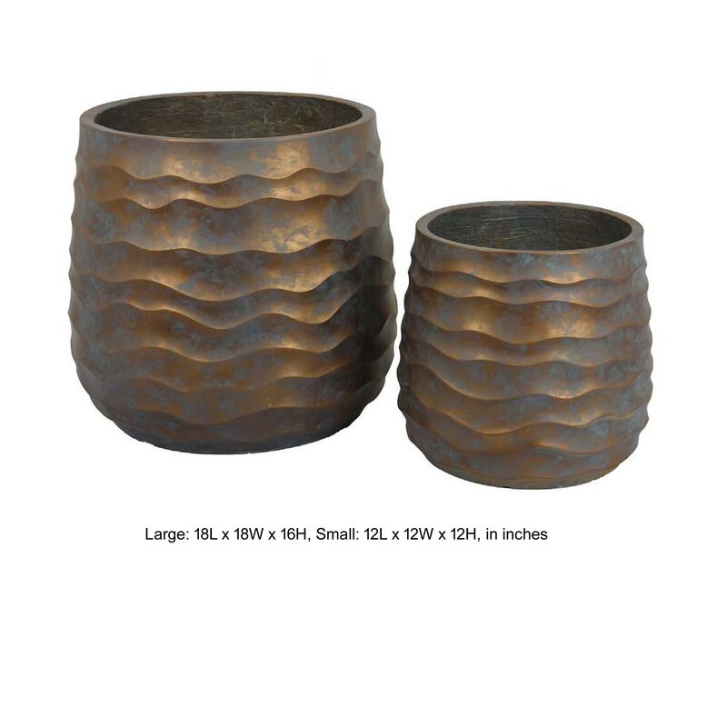 18 Inch Planter Set of 2, Wavy Design, Indoor Outdoor Rustic Bronze Resin - Benzara