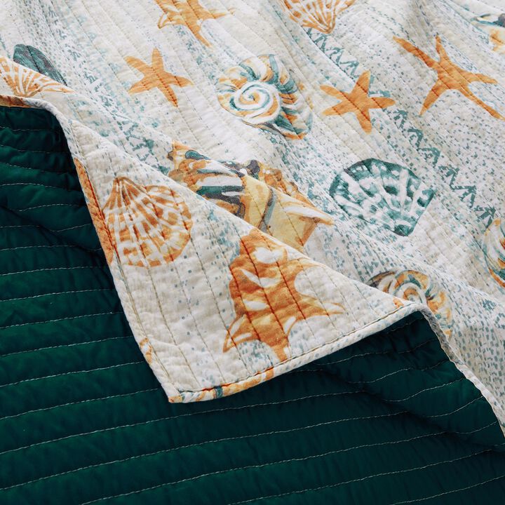 Carie 2pc XL Twin Quilt Set, Coastal Seashells, Blue Cotton Microfiber