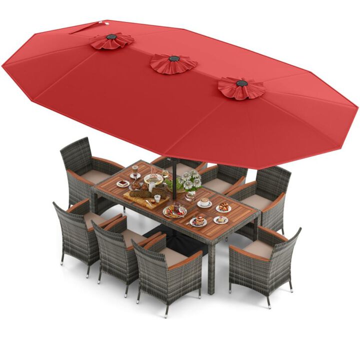 Hivvago 10 Pieces Patio Wicker Dining Set with 15 Feet Double-Sided Patio Umbrella