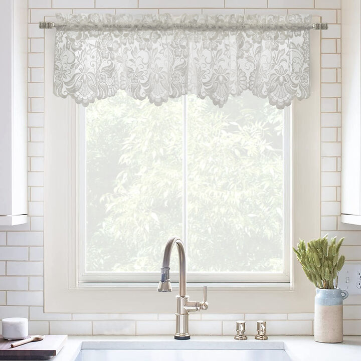 Habitat Limoges Sheer Rod Pocket Flat Valance Floral Lace Design Delicate Scalloped Bottom Hem 55" x 15" White