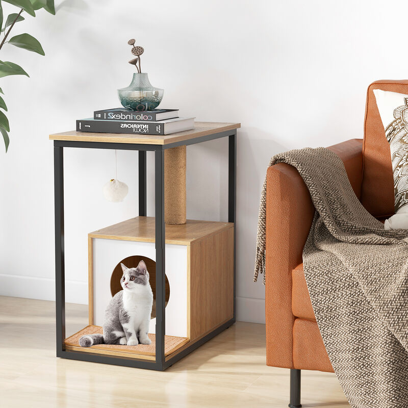 Cat Furniture End Table with Cat House and Scratching Post – Stylish Pet Furniture