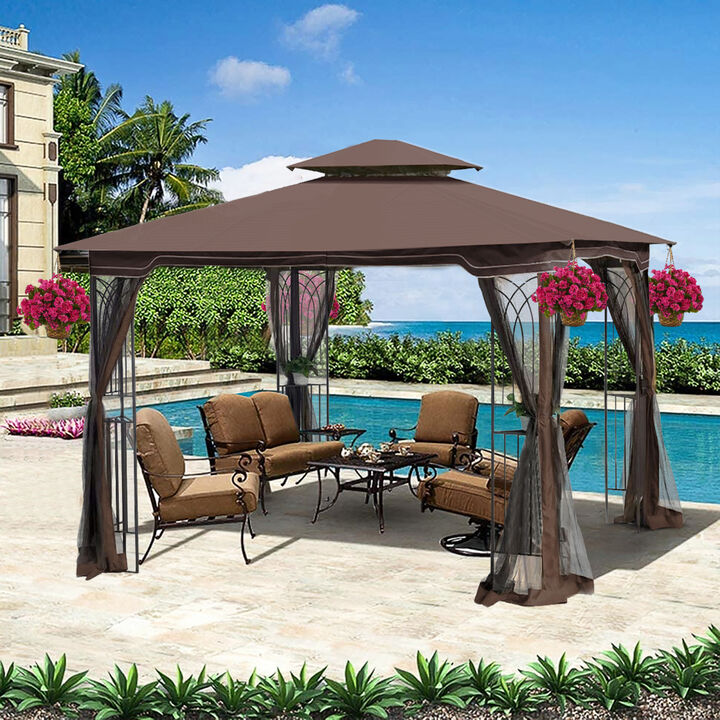 10x10 Outdoor Patio Gazebo Canopy Tent With Ventilated Double Roof And Mosquito Net