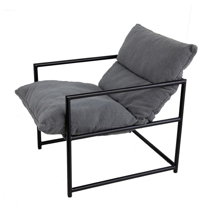 26 Inch Accent Chair with Cushion, Black Iron, Light Gray Faux Leather - Benzara