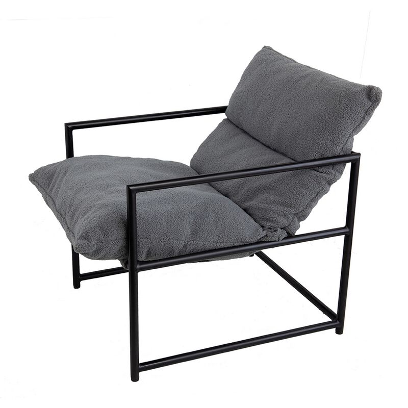 26 Inch Accent Chair with Cushion, Black Iron, Light Gray Faux Leather - Benzara