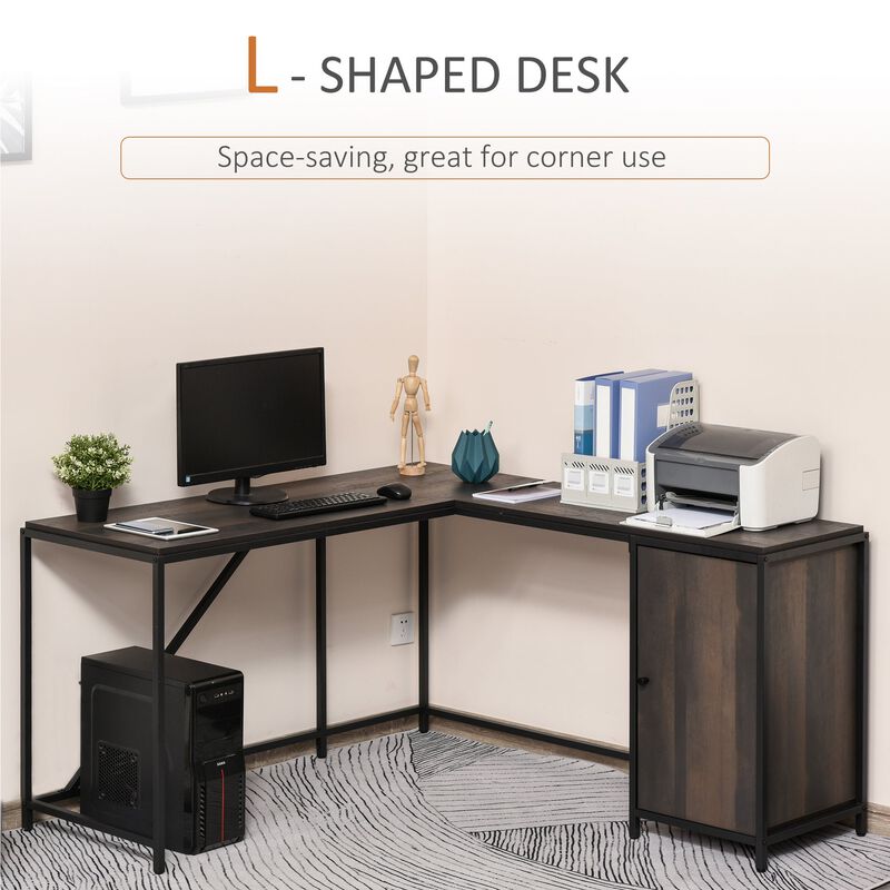 Brown Corner Workstation: L-Shaped Desk with Storage Cabinet