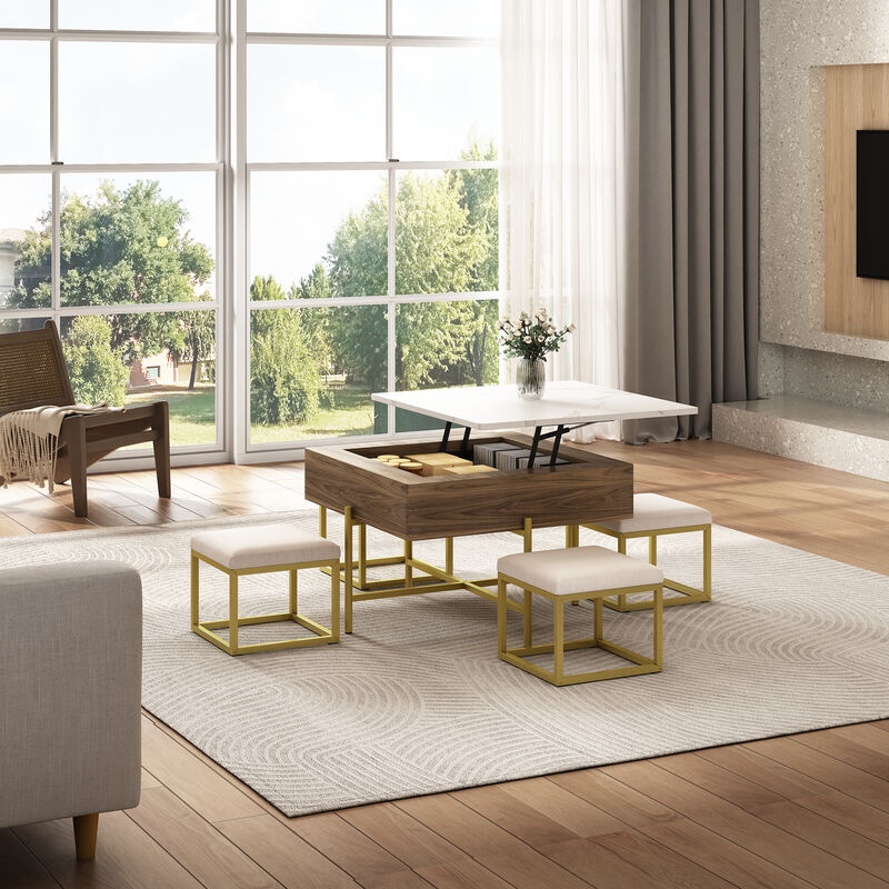 Merax Modern Square Lift-Top Coffee Table with 4 Ottomans Set