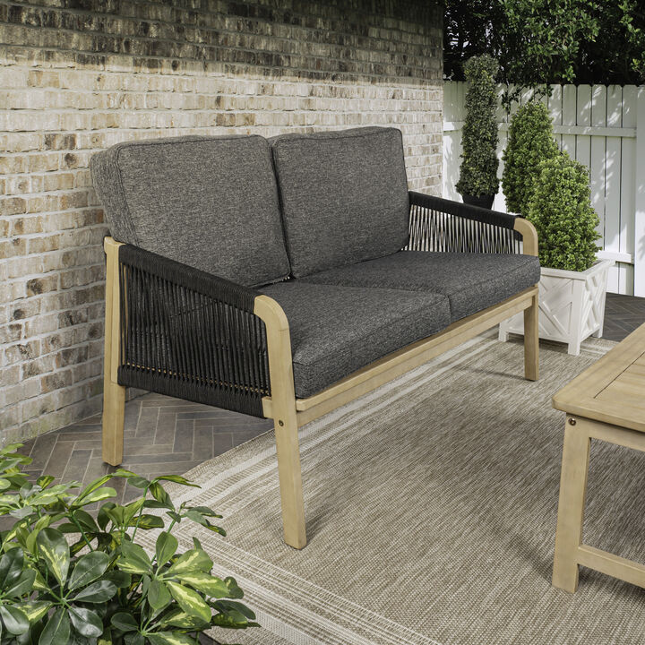 Arwen Modern Bohemian Roped Acacia Wood Outdoor Loveseat with Cushions