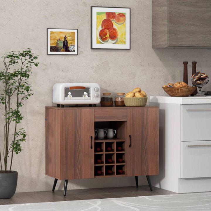 Hivvago Mid-century Modern Buffet Sideboard Server Cabinet with 9-Bottle Wine Rack-Walnut