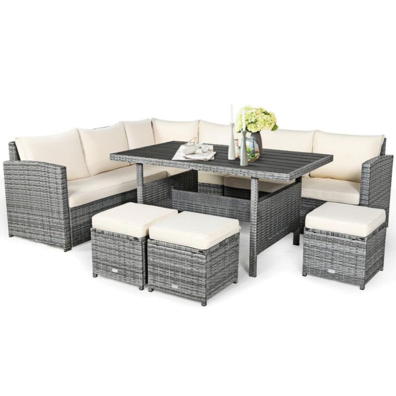 Hivvago 7 Pieces Outdoor Wicker Sectional Sofa Set with Dining Table