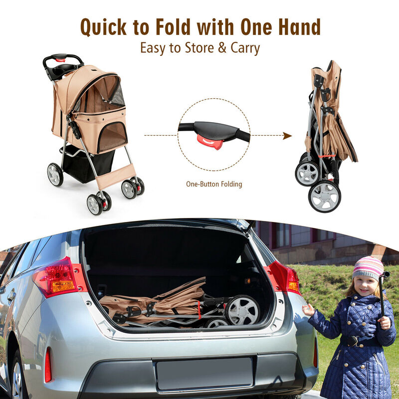 Costway Foldable Pet Stroller 4-Wheel Cat Dog Travel Carrier w/ Storage Basket
