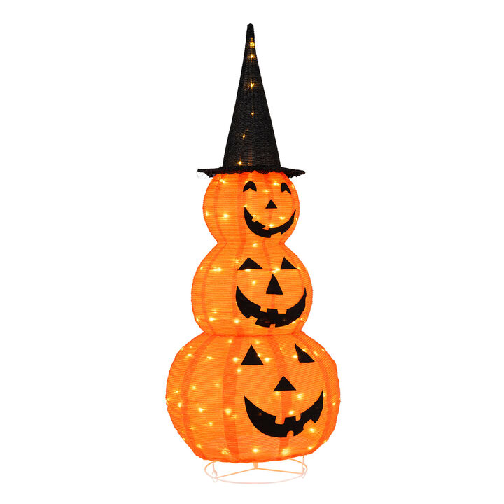 Lighted Stacked Pumpkins Halloween Decoration with Witch Hat