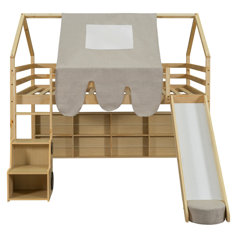 Merax Wooden House-shaped Frame Loft Bed  with a Tent