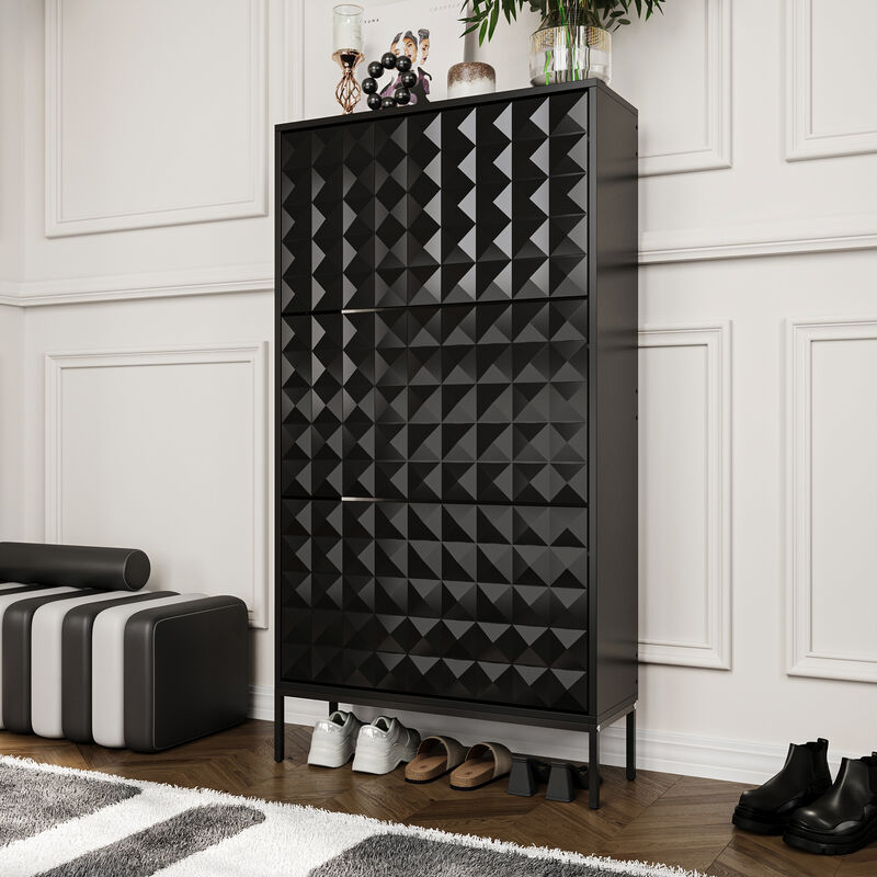 FUFU&GAGA Black Flip-Drawer Shoe Cabinet with Double Plastic Racks and Anti-Tip Kit (26.7" W x 9.3" D x 51.7" H), Black