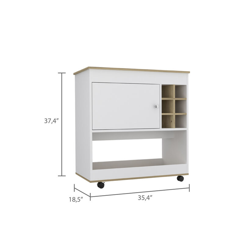 DEPOT E-SHOP Lotus Bar Cart, Six Bottle Cubbies, One Cabinet, Four Casters, Light Oak / White