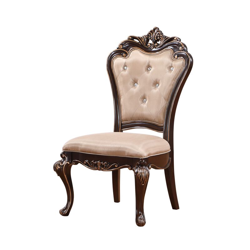 Leon 22 Inch Set of 2 Tufted Dining Chairs, Cherry Brown Wood, Beige Fabric - Benzara