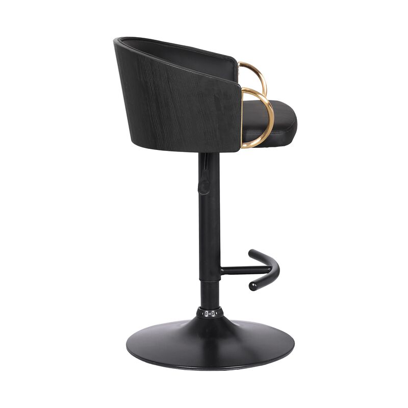 Adjustable Leatherette Swivel Barstool with Arched Seat, Black and Gold-Benzara