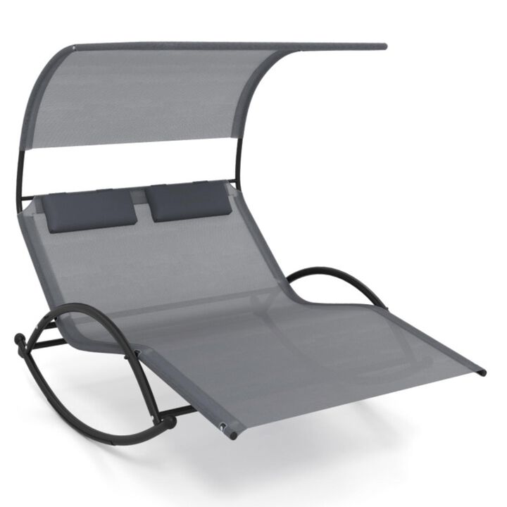 Hivvago Outdoor Dual Rocker Sunbed 2-Person Canopied Patio Lounger with Detachable Headrests