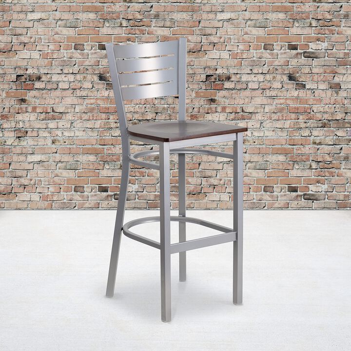 Flash Furniture HERCULES Series Silver Slat Back Metal Restaurant Barstool - Walnut Wood Seat