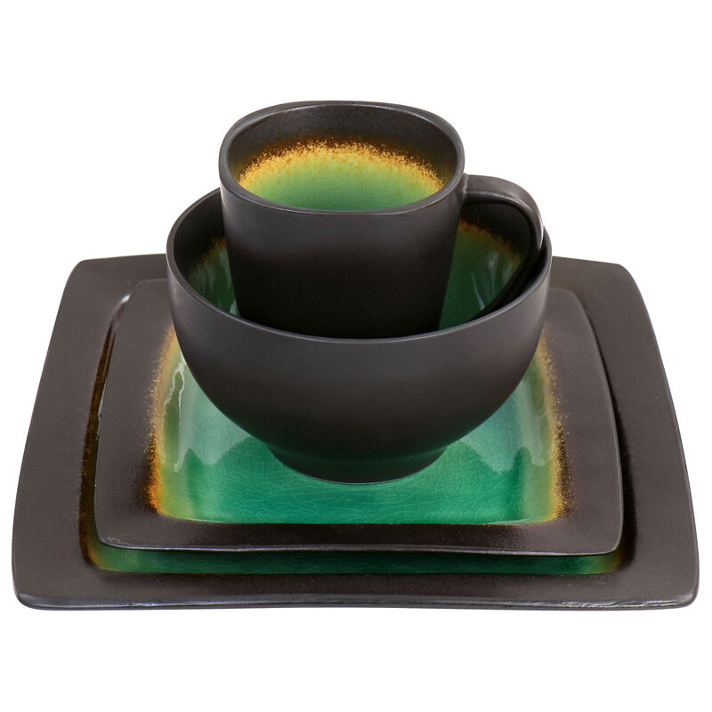 Gibson Elite Ocean Paradise 16 Piece Square Stoneware Dinnerware Set in Jade
