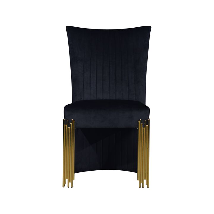 Theo Dining Chair Set of 2, Retro Midnight Black Velvet, Gold Metal - Benzara