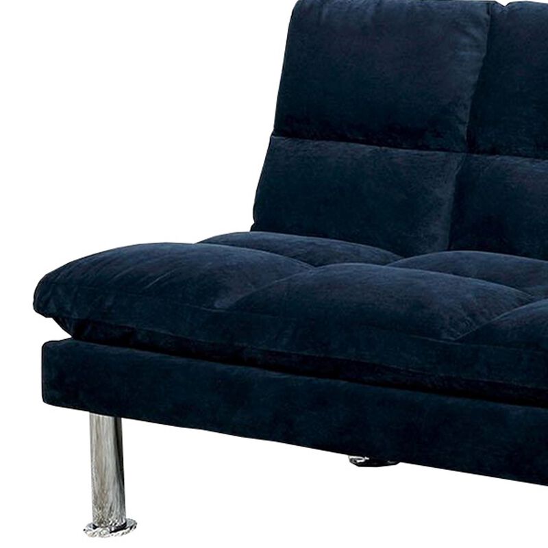 Futon Sofa with Tufted Padded Seating and Metal Legs, Blue-Benzara