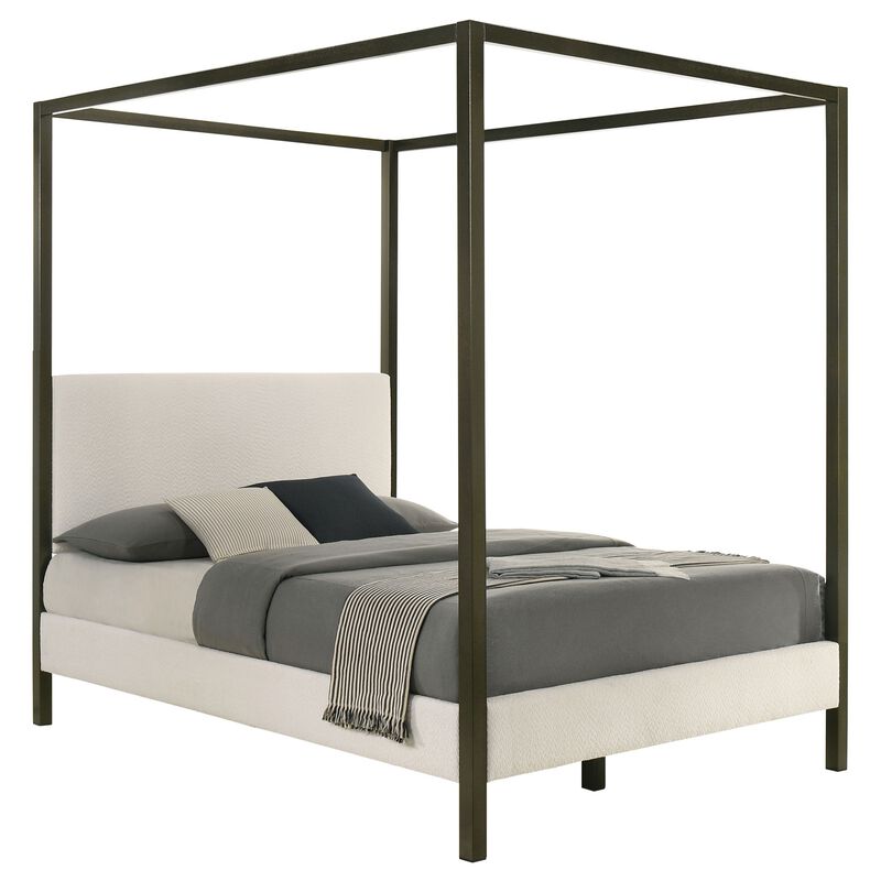Rey King Size Canopy Bed, Padded Headboard, 4 Post Frame, Ivory Upholstery - Benzara