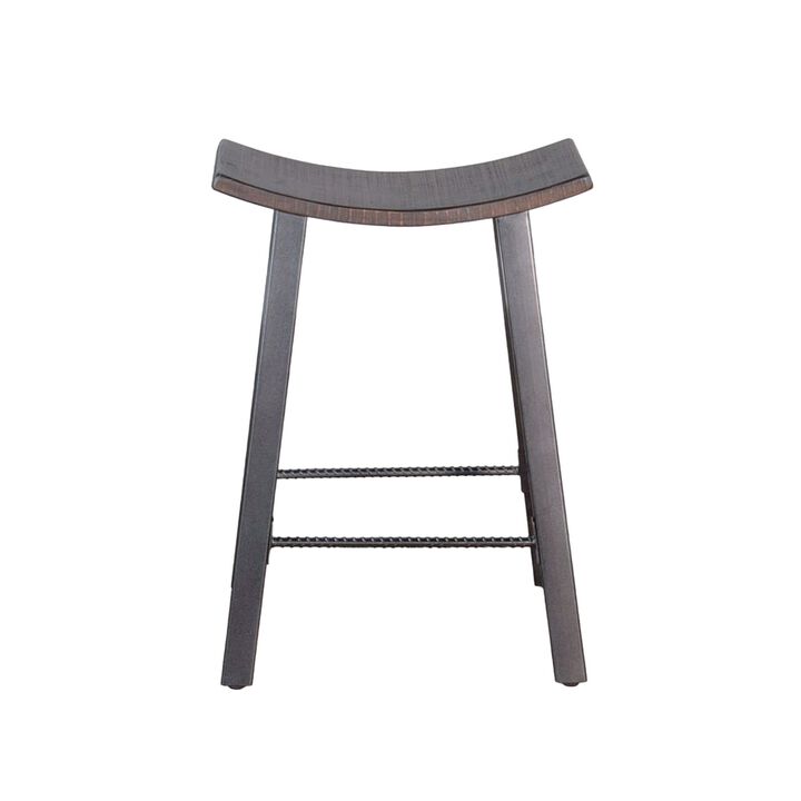 Flint Counter Stool Set of 2, Curved Dark Brown Mahogany, 24 Inch  - Benzara