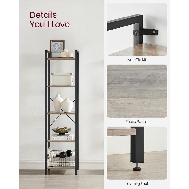 Space-Saving 5-Shelf Bookshelf Ideal for Study Storage