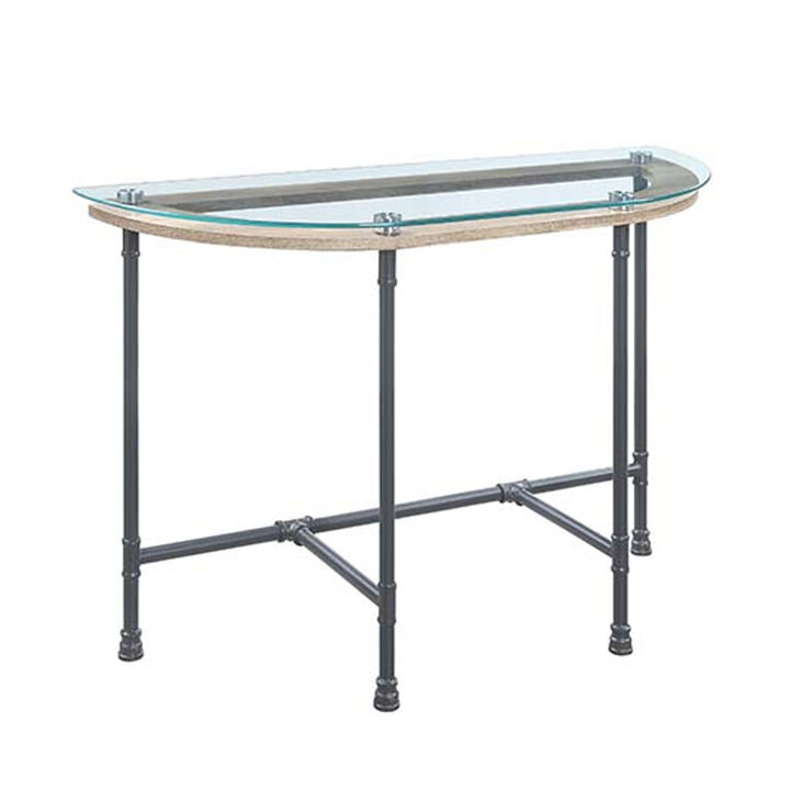 Wood Side Table, Oval Tempered Glass Top, Metal Pipe Style Legs, Clear Glass, Sandy Gray-Benzara