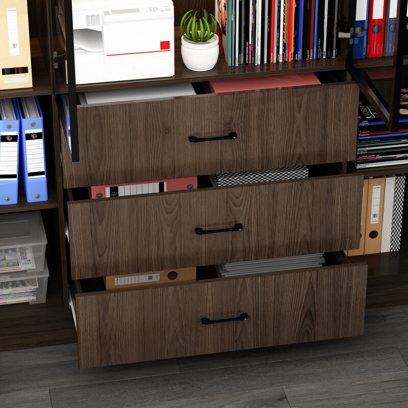Brown Wood 63 in. W Display Cabinet With Pop up Tempered Glass Doors, 3-Color LED Lights, Drawers, Adjustable Shelves