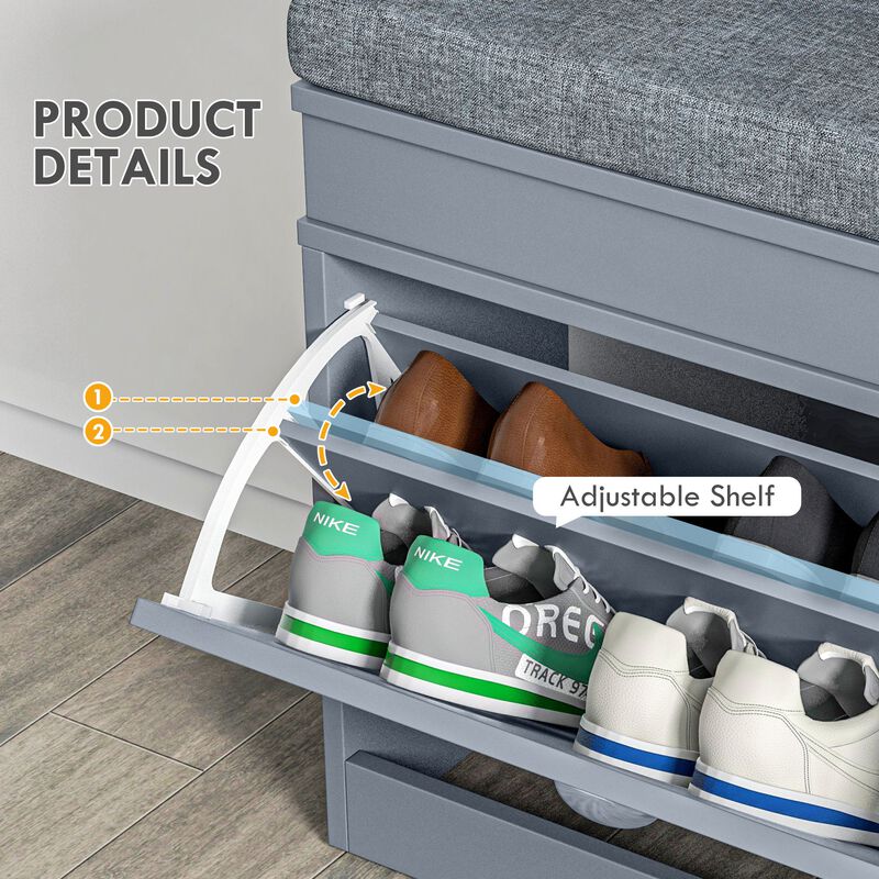 Gray Entryway Shoe Bench: 2 Drawers, Cushion, 8-Pair Capacity