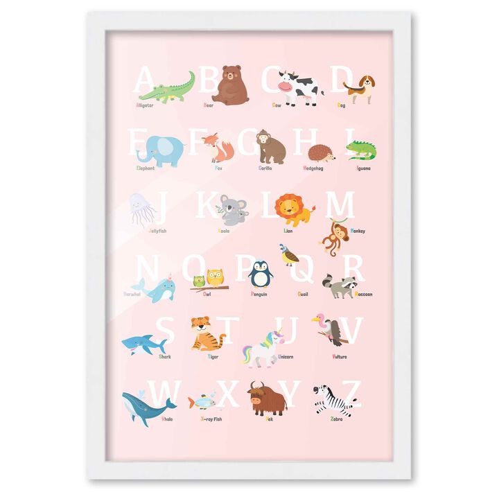 12x18 Framed Nursery Wall Art Pink Animal ABC Poster In White Wood Frame For Kid Bedroom or Playroom