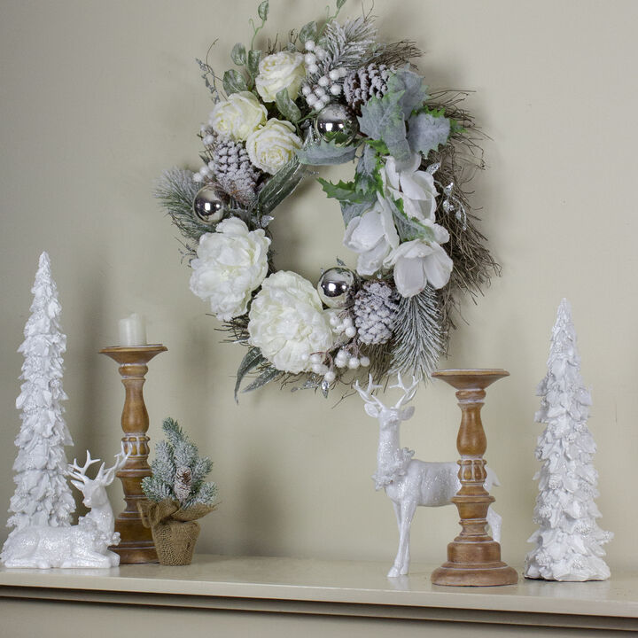 White and Silver Floral Flocked Pine Artificial Grapevine Christmas Wreath - 24-Inch  Unlit