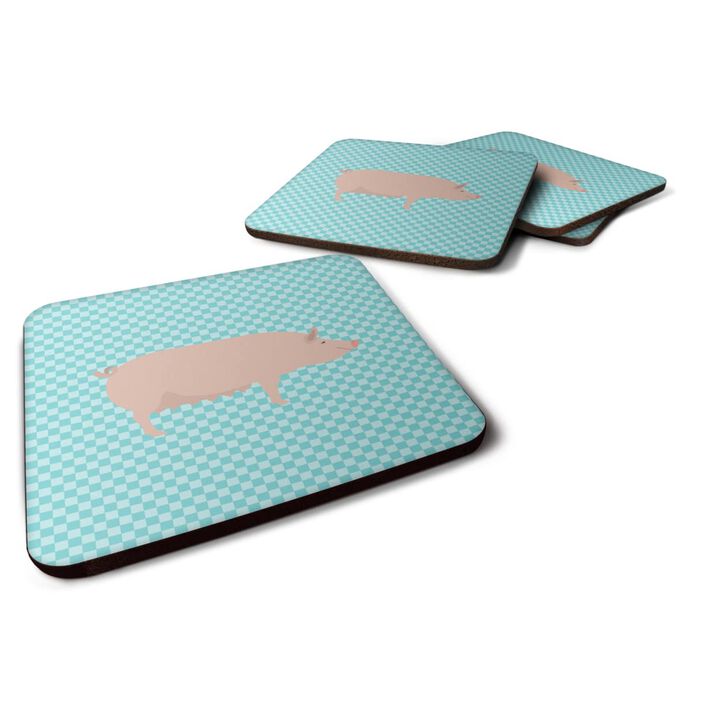 Caroline's Treasures English Large White Pig Blue Check Decorative coasters, 3.5, Multicolor
