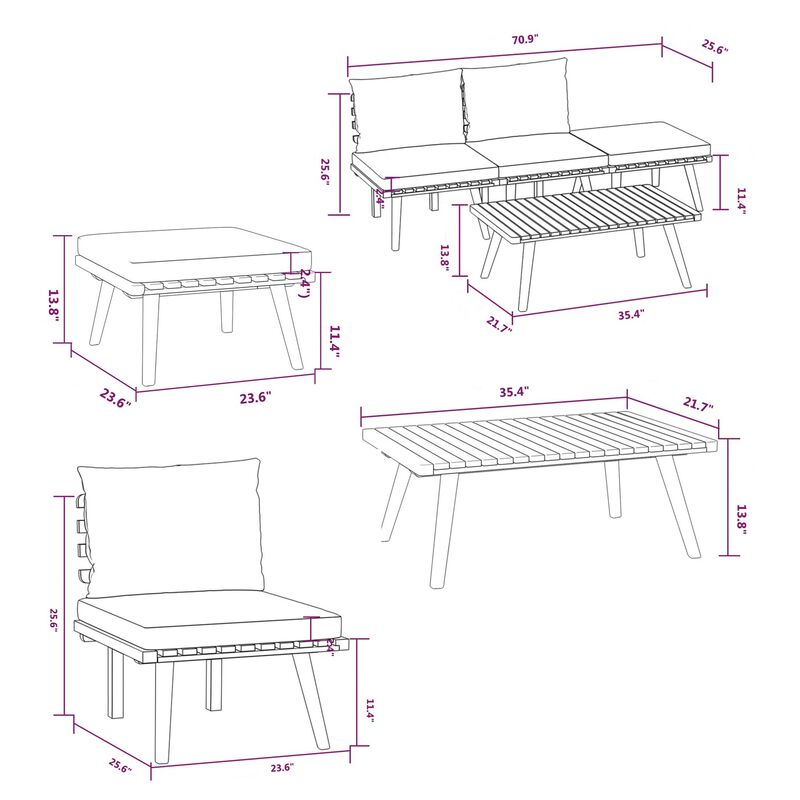 Roma 4pc Outdoor Modular Sofa Set, Coffee Table, Footrest, Acacia Wood - Benzara