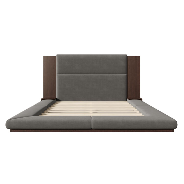 Merax Floor Upholstered Platform Bed with Extended Headboard