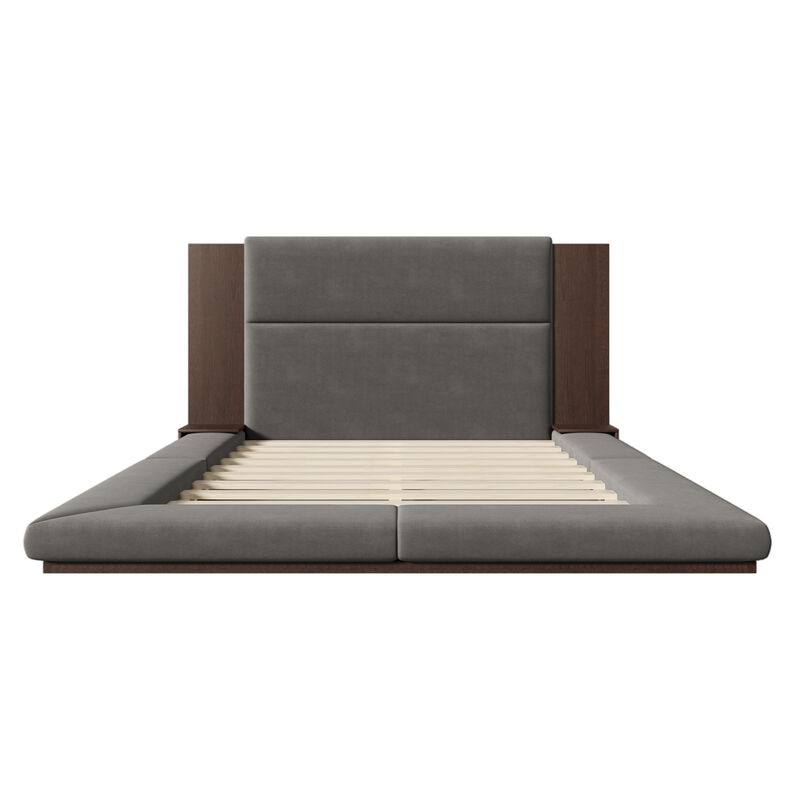 Merax Floor Upholstered Platform Bed with Extended Headboard