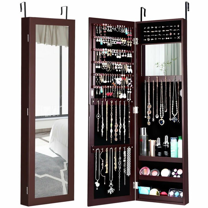 Full Length Mirror Jewelry Cabinet with Ring Slots and Necklace Hooks-Brown